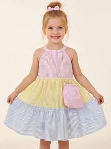 Young Girls Plaid Splicing Ruffle Trim Cute Vacation Halter Dress With Matching Crossbody Bag, Spring/Summer - Pink - View 9