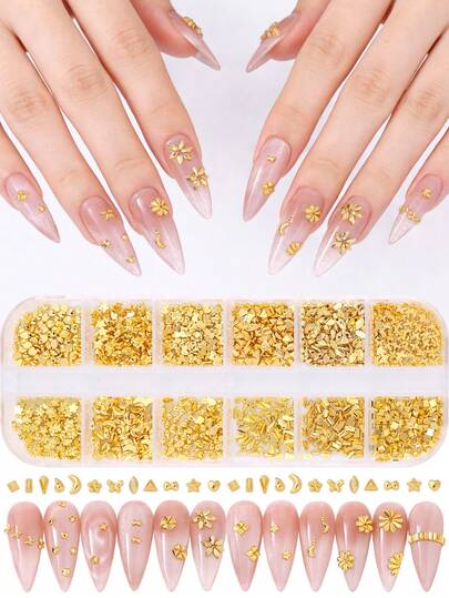 12 Compartments Gold Mini Nail Art Rhinestones, Bronze Flower Butterfly Heart Moon Gold Nail Gems, DIY Nail Salon Supplies, Japanese Nail Design