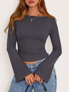 Fall New Arrival Women's Long-Sleeve Top Crop-Top Style Casual Outerwear Boat Neck With Bell Sleeves Ribbed Pleated Design Millennial-Inspired Fashion - 深灰色 - 查看 1