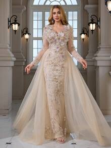 Beaded, Sequin Embroidered Lace Shawl With Tassel Trim, Elegant A-Line Maxi Dress, Suitable For Cocktail Party, Gala, Wedding - Champagne - View 2