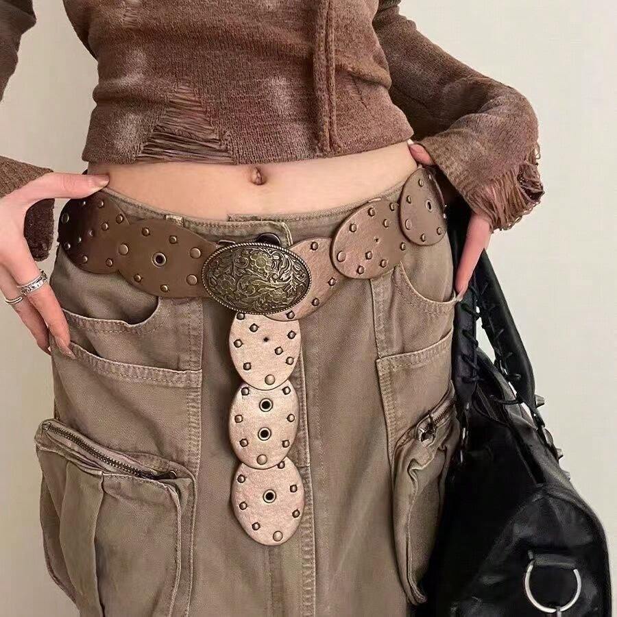 2026 Cintura vintage in stile americano con fibbia in metallo goffrato, in pelle PU stile boho a pois, adatta per tutte le stagioni - Caffè - Visualizzare 1