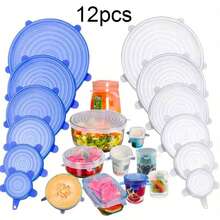12PCS Flexible Silicone Bowl Covers, ElasticFood Storage Lids, Reusable, Dishwasher Airtight Leakproof For Fresh Food Storage, Multi-Size Fits Most Bowls, Kitchen & Dining Essentials, Home Cooks - 藍色&白色 - 查看 11