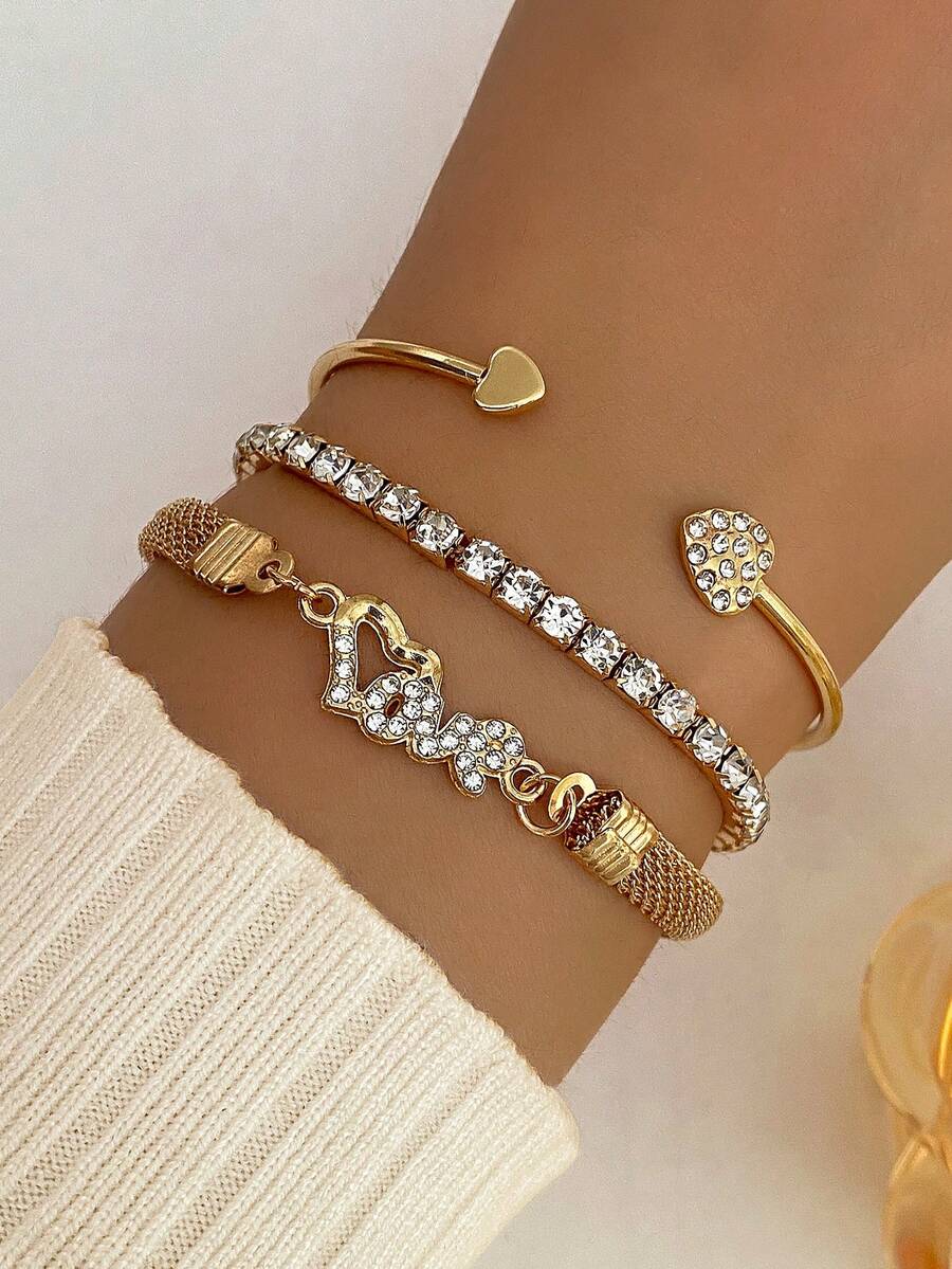 Set de 3 piezas de brazaletes abiertos apilables de metal con corazón de strass y letra LOVE, estilo minimalista de lujo para mujeres - Amarillo Oro - Ver 1