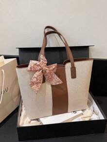 Women's Casual Canvas Patchwork Zipper Shoulder Bag, Large Capacity Tote Bag - Coffee Brown - View 4