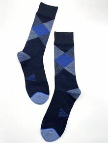 1 Pair Men's Socks, Classic Diamond Pattern, Reinforced Sole, Mid-Calf Length, Business Style, Spring/Autumn
