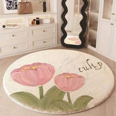 Round Non-Slip Washable Plush Carpet With Tulip Flower Pattern - Polyester Soft Bedroom, Indoor, Desk Decor Rug, Machine Made With Vinyl Backing