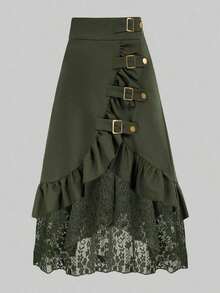 Gothic Style Lace Patchwork Ruffle Hem Solid Color Pirate Skirt - màu đen - Xem 1