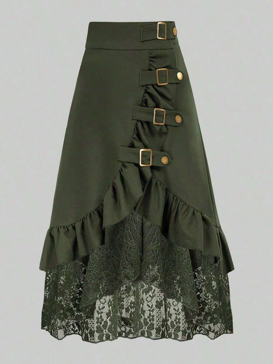 Gothic Style Lace Patchwork Ruffle Hem Solid Color Pirate Skirt - màu đen - Xem 1