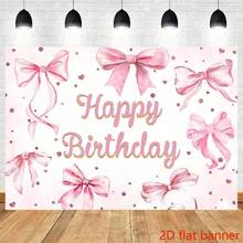 2D Flat Banner, Pink Bow Birthday Tapestry, Orange Background, Suitable For Bedroom, Living Room And Study Decoration. Easy To Install, Cute Style Home Wall Decor, Soft Texture. - Pink - View 3