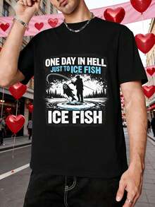 T-shirt homme humoristique à motif de pêcheur sur glace, idéal pour le printemps. Coton doux, coupe confortable, respirant, style décontracté, design graphique. - Noir - Voir 1