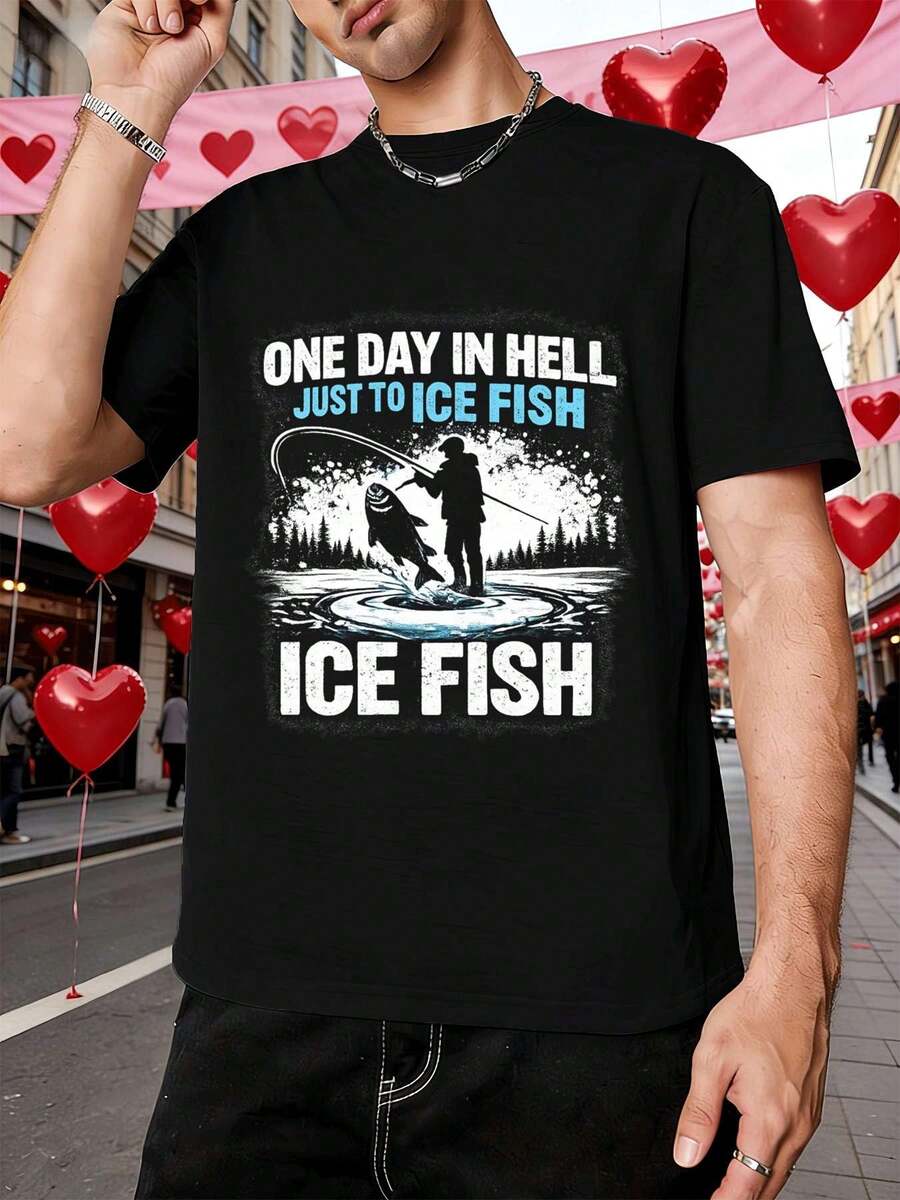 T-shirt homme humoristique à motif de pêcheur sur glace, idéal pour le printemps. Coton doux, coupe confortable, respirant, style décontracté, design graphique. - Noir - Voir 1