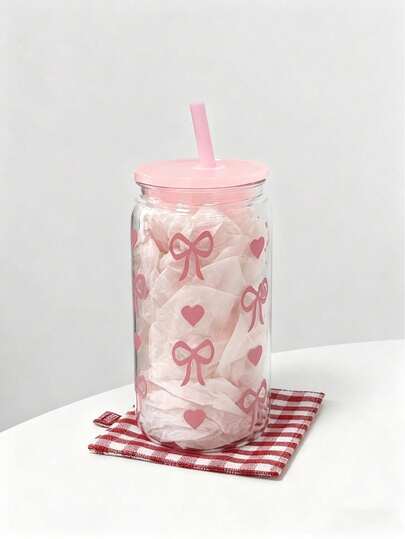 1pc Glass Cup With Bamboo Lid And Straw, Beer Can Shaped Glass Tumbler, Water Cup, Iced Coffee Cup, Smoothie Cup, Fruit Cup, Juice Glass With Pink Bow Print, Reusable Drinking Jar, Summer Beverage Glassware, Large Capacity Outdoor Travel Portable Drink Juice Cup, Home Office Party Gift Idea, Birthday Party Holiday Gift, Christmas Present, Suitable For Summer And Winter.