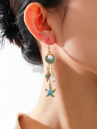 זוג אחד עגילים בסגנון אוקיינוס בוהמי, עגילי צדף כחולים וכוכבי ים לנשים, מתאים לחופשת חוף, חופשה קז'ואלית, ירח דבש, טיולים