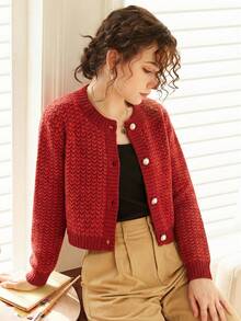 Knit Mix 优雅女士时尚针织开衫，休闲法式长袖圆领毛衣外套，适合圣诞节、感恩节和新年等场合 - 紅色 - 查看 7