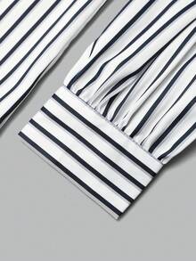 女士长袖条纹衬衫，宽松版型，可拆卸领子，四季皆宜 - 藍白色 - 查看 8