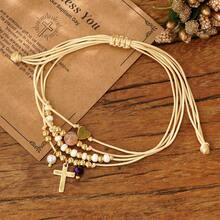 1件装时尚简约铜珠十字架吊坠手链，仿珍珠手链，黑色水晶手链，心形手链，太阳石半宝石手链，可叠戴手链，十字架复活节贺卡，可调节编织手链，适合女性日常通勤、家庭、姐妹、生日礼物、家庭礼物、情人节礼物、女士礼物、周年纪念礼物 - 彩色 - 查看 4