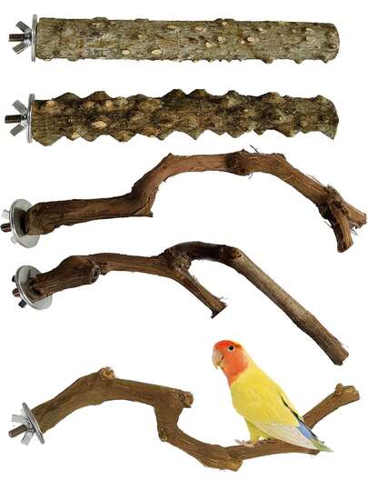 5pcs Bird Perch Set, Natural Wooden Parrot Perch Stand, 3pcs Grape Wood Perches, 2pcs Stands, Claw Grinder, Tiger Stripe Parrot Chew Stick, Training Branches, Suitable For Cockatiel, Small & Medium Birds