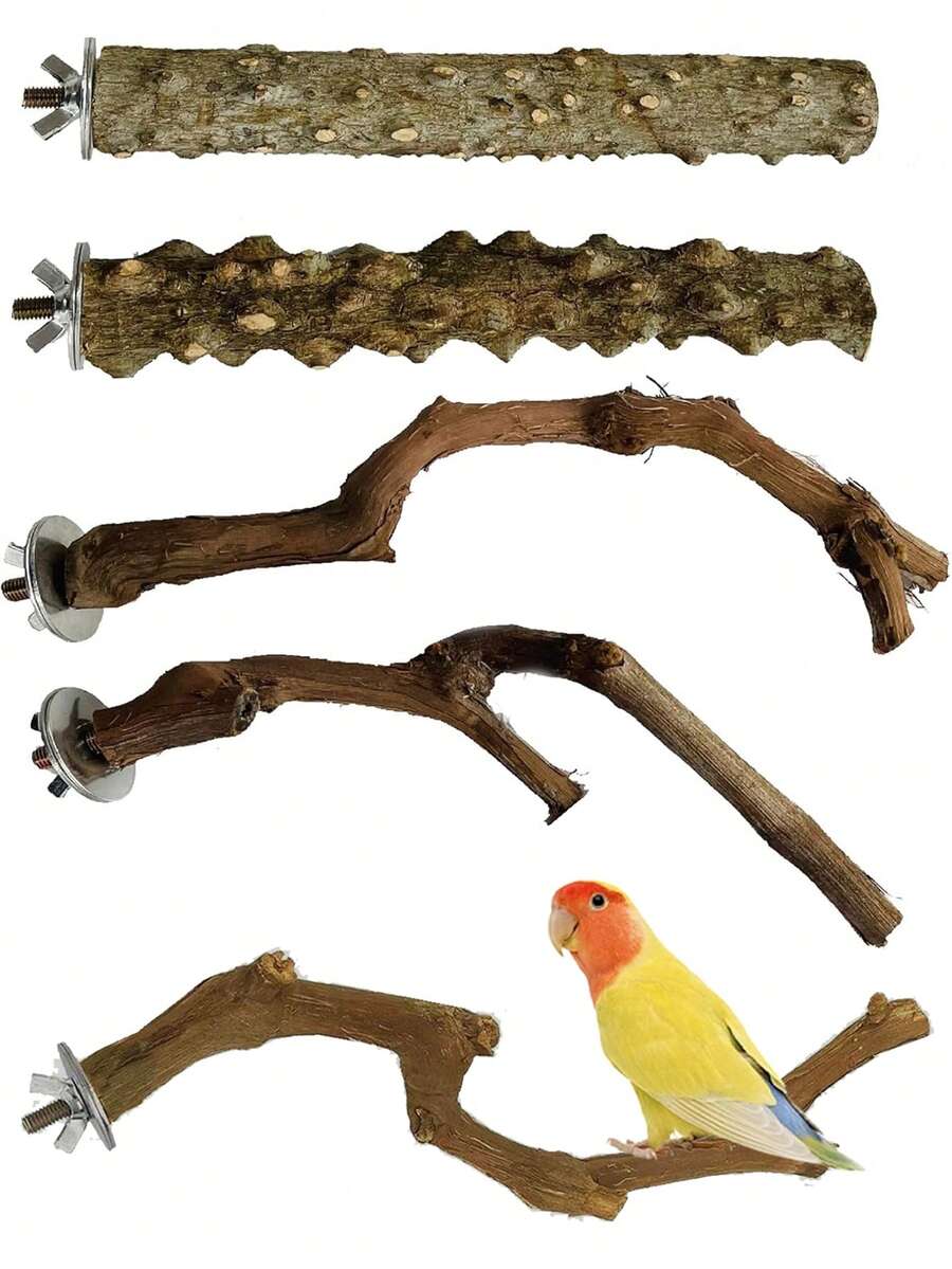 5 Stücke Vogelstangen Set, natürliche Holz Papageien Stangen, 3 Stücke Traubeneichen Stangen, 2 Stücke Ständer, Krallenschleifer, Tiger Streifen Papageien Kaustock, Trainingsäste, geeignet für Nymphensittiche, kleine & mittlere Vögel - Verschiedenfarbig - Übersicht 1