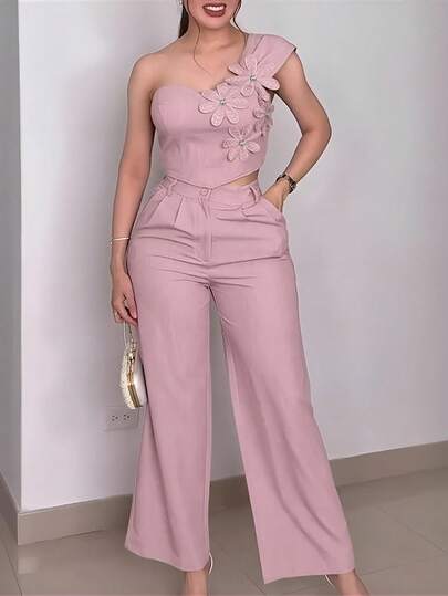 2 Pieces Outfit Rhinestone Decor 3D Floral Applique One Shoulder Sleeveless Shirred Back Crop Top And High Waist Zipper Fly Elastic Back Waist Wide Leg Pants Set