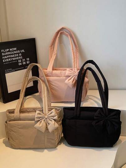  Peach Tree Tote Bag, Black Nylon Waterproof Minimalist Style Large Capacity Foldable Shoulder Bag, Suitable For Daily Commute, Shopping, Travel, Party, Cosmetic Storage, Women Gift, Fashion Party Favor