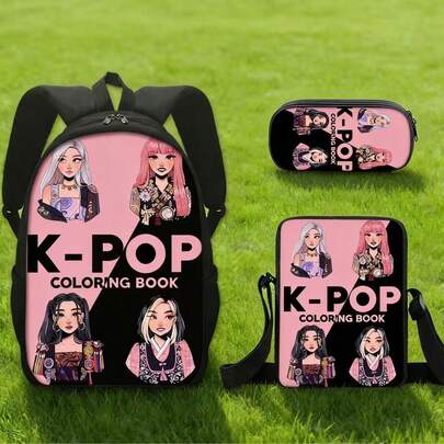 三件套男女通用背包套装，时尚卡通风格，饰有KPP-OP字母图案，配有可调节肩带和拉链，包含背包、斜挎包和铅笔盒，专为上学、旅行、露营设计，大容量，是新年或生日的理想礼物。