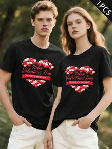 Couples Valentine Heart Print TShirt Fall, 100% Cotton, Crew Neck, Loose Fit, Comfortable, Casual - MenBlack-1PC - View 2