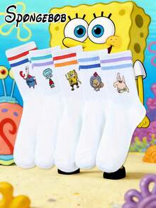 SpongeBob SquarePants 5 Pairs Women's Mid-Calf Socks, Double Stripe  Cartoon Collab Design, Absorbent Breathable Unisex White Socks - Multicolor - View 2