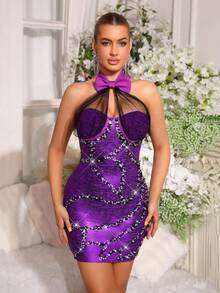 New Women's Sleeveless Bodycon Slim Fit Sexy Mesh Mesh Splicing See Through Neck Hanging Bow Dress Banquet Birthday Party Ball Gowns