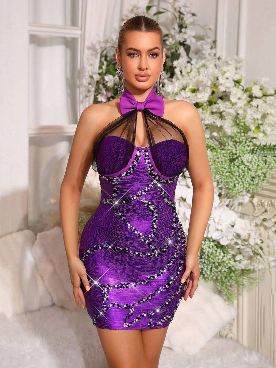 新款女士无袖紧身修身性感网纱拼接透视领口蝴蝶结连衣裙宴会生日派对舞会礼服