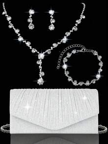 奢华新款女士褶皱晚宴手拿包，闪亮新娘婚礼包，4件套水钻晚宴套装，闪亮项链、耳环和手镯套装，亮片褶皱派对手拿包，V形翻盖信封包，完美适用于派对、婚礼、舞会、晚宴/宴会、新娘装、正式服装、舞会礼服和生日礼服。 - 銀色 - 查看 1