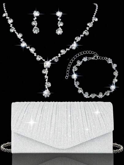 Lyxig ny damkutlett med veck för kvällen, glittrande damväska för brudar och bröllop, 4-delat kvällsset med strass, glittrande halsband, örhängen och armband, paljettbesatt veckad kuvertväska för fester, V-formad kuvertväska med klaff, perfekt för fester, bröllop, baler, middagar/banketter, brudkläder, formella klädsel, balklänningar och födelsedagsklänningar.