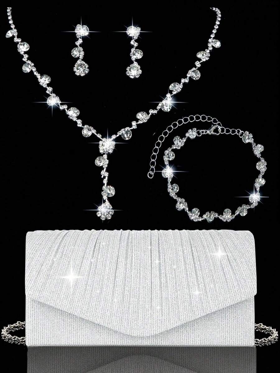 奢华新款女士褶皱晚宴手拿包，闪亮新娘婚礼包，4件套水钻晚宴套装，闪亮项链、耳环和手镯套装，亮片褶皱派对手拿包，V形翻盖信封包，完美适用于派对、婚礼、舞会、晚宴/宴会、新娘装、正式服装、舞会礼服和生日礼服。 - 銀色 - 查看 1