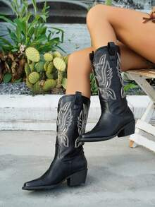 女士西部牛仔靴，新款欧美西部风格，饰以传统刺绣，假日休闲方头低跟靴底，防滑耐磨，不易疲劳，适合牧场文化牛仔派对和街头文化时尚日常节日穿着。 - 黑色 - 查看 2