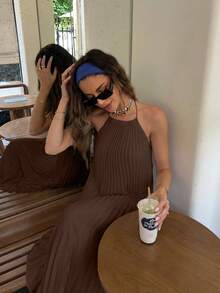 2026 Spring/Summer New Elegant Casual Commute Daily Date Holiday Travel Tea Party Beach Backless Halter Beige Dress, Suitable For Valentine's Day Date, Daily Wear, Party, New Year, Street Style, Graceful Attire, Ladies' Elegant Top, Summer Holiday Outfit - Brown - View 7