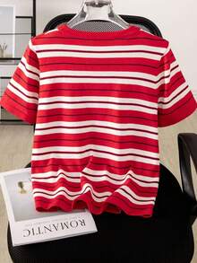 Tricou de vară pentru femei, cu dungi, guler rotund, raglan, mânecă scurtă, top casual tricotat, roșu - roșu - Vizualizare 2