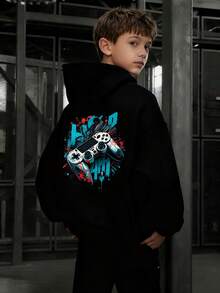 1pc Teen Boys Casual Printed Pullover Sweatshirt, Warm Lining, Long Sleeve, Autumn/Winter - Black - View 7