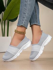 Women's Knitted Elastic Slip-On Casual Sneakers, Minimalist Versatile Lightweight Comfortable Soft-Sole Sock Shoes, Mesh Breathable Non-Slip Running Shoes - Grey - View 4