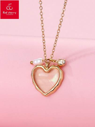 1pc Heart-Shaped Zinc Alloy & Faux Pearl Necklace, Suitable For Girls, Friends, Vacation Wear