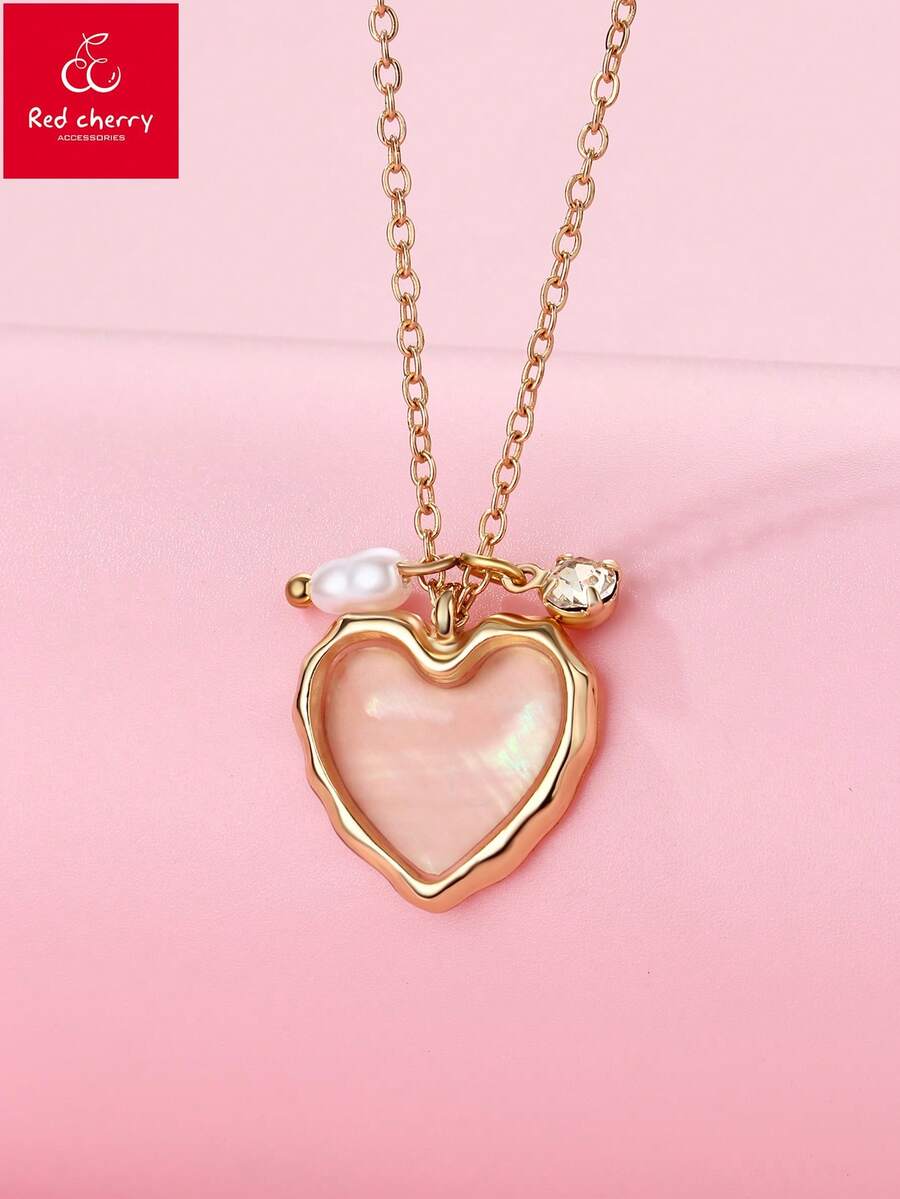 1pc Heart-Shaped Zinc Alloy & Faux Pearl Necklace, Suitable For Girls, Friends, Vacation Wear - one-size - View 1