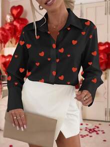 Chemise à manches longues avec imprimé cœur pour femmes, chemisier ample à boutons devant, manches longues casual - Noir - Voir 3