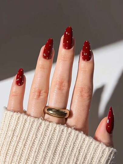 10 piezas de pegatinas de arte de uñas acrílicas hechas a mano, uñas cortas con forma de almendra, uñas lindas, uñas con estilo Y2K, manicura francesa, uñas rojas, uñas doradas, uñas con lunares, diseño minimalista y lindo, adecuado para uso diario de mujeres, incluye herramientas para uñas. Suministros para uñas