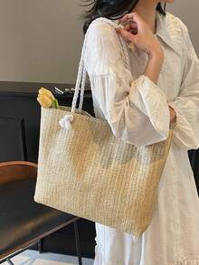 大容量草编手提包，女士新款夏季多功能单肩包，适合海滩、度假、通勤等场合。 - 彩色 - 查看 7