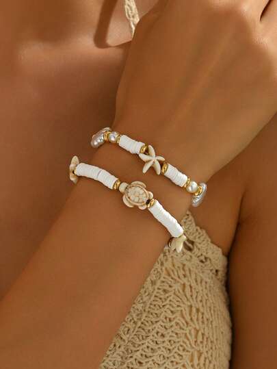 Set de 2 pulseras con diseño de estrella de mar y tortuga con cuentas de perlas falsas, estilo bohemio, accesorios de joyería únicos para mujer, adecuados para uso diario, citas, viajes y vacaciones