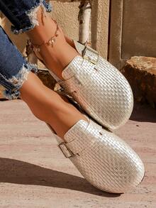 Women's Spring/Summer Flat Closed-Toe Slides - Popular Slip-On Slouchy Shoes With Belt Buckle, Fishing Net Woven Slippers Versatile Design. - Silver - View 5