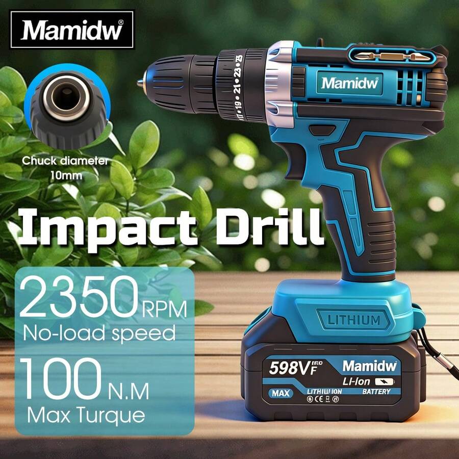 Mamidw 10mm 无绳电钻 100N.M 电动螺丝刀 三功能冲击钻 适用于 Makita 18V 电池，不含电池 - 藍色 - 查看 1
