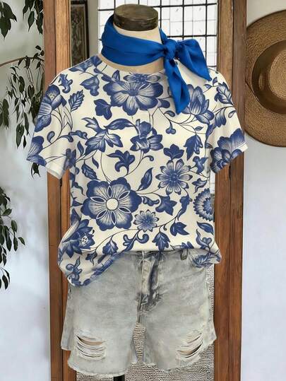 Women's Fresh Vacation Style Blue & White Floral Print Round Neck Short Sleeve T-Shirt, Spring/Summer Casual