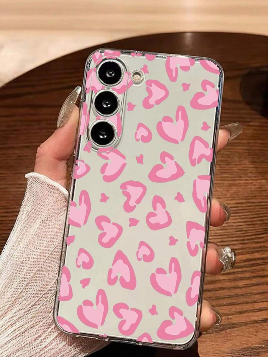 1pc Pink Leopard Print Heart Soft Phone Case Compatible With Huawei Honor, Redmi, Galaxy A04e/12/A13/A14/A34/A50/A52/A53/A54/S21/S22/S23/S24/S25/S25Ultra/S25FE/S26/S26 PLUS/S26 ULTRA/S26 EDGE, 6A/7A/8A, 12T/13T/15T/15T Pro - Clear - View 1