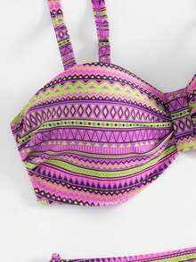 女士两件式泳衣套装，复古印花，高弹针织面料，82% 涤纶 + 18% 氨纶，几何图案，抽绳设计，上衣 195gsm，里料 130gsm，夏季海滩度假装 - 紫色 - 查看 6