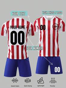 2 Sets Personalized Football Jersey Sets, With Name & Number Logo, Breathable Quick-Dry - Red - View 2