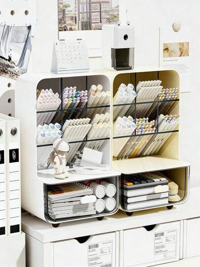 Slanted Pen Holder With 6 Compartments And 1 Drawer, Desktop Pen Organizer Box With Drawer, Desk Organizer For Home Office, Pencil Cup, Pencil Storage Box, Marker Holder, Desk Organizer Solution With Non-Slip Base And Rounded Corners, Ideal Accessory For Office/Home/School Workspace